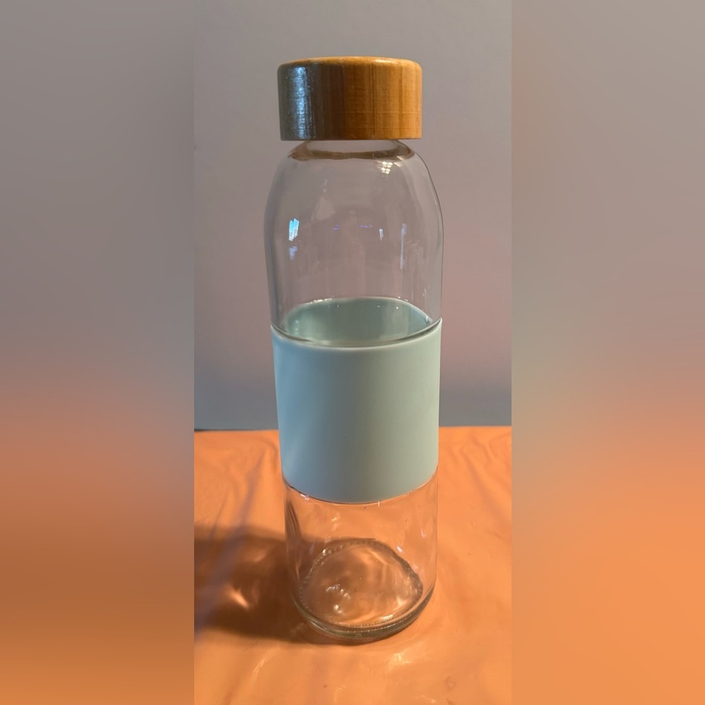 Glass Water Bottle With Bamboo Top Light Blue Silicone Sleeve 16 oz
